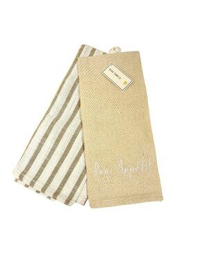 Bon Appetit Embroidered Kitchen Dish Hand Towels Set of 2 Cotton Linen